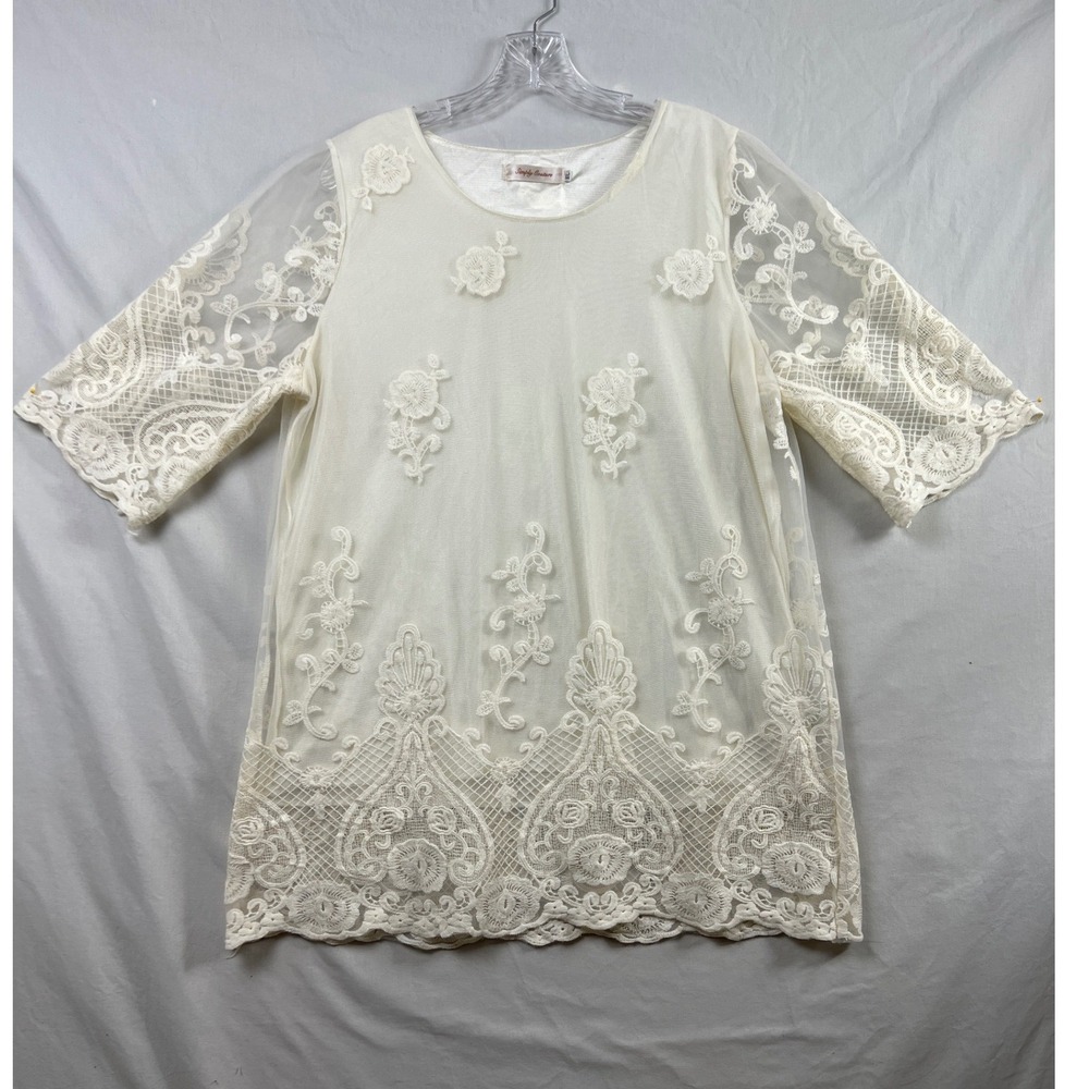 Simply Couture Tunic Top Women XL Cream Floral Lace Embroidered Sheer Sleeve